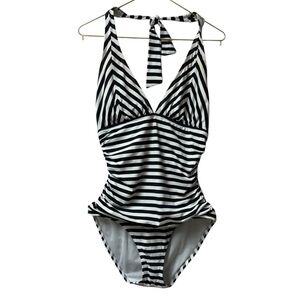Tommy Bahama Black White Striped Lined Ruched Halter Neck One Piece Swimsuit 10
